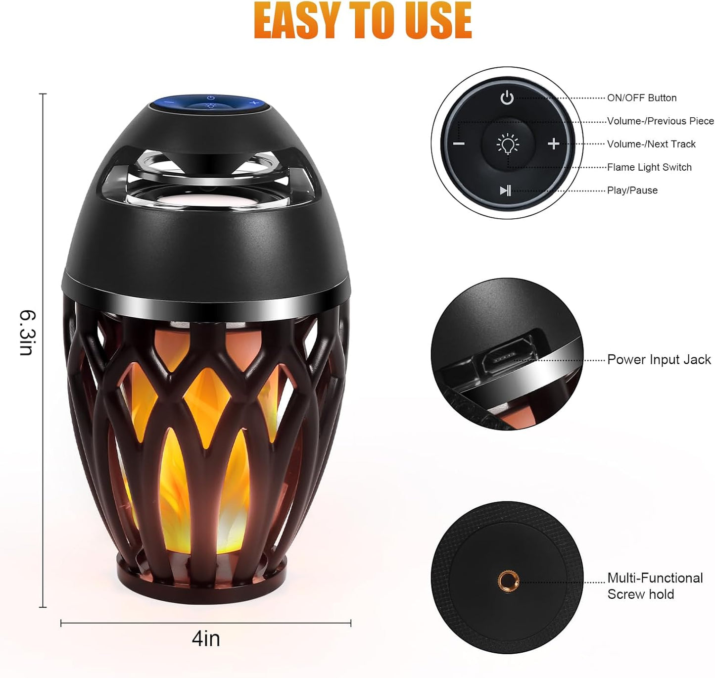 Outdoor Bluetooth Speakers, Wireless Speaker with LED Flame Speaker,Ipx5 Waterproof Design, Bluetooth 5.0 LED Flame Lamp for Outdoor Party, Camping and Desktop Decoration (Black)